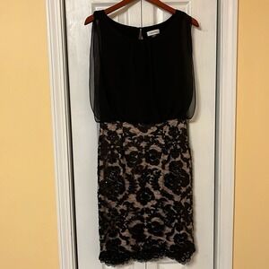 Calvin Klein Black Gold Womens Size 6 Chiffon Sequin Sheath Dress